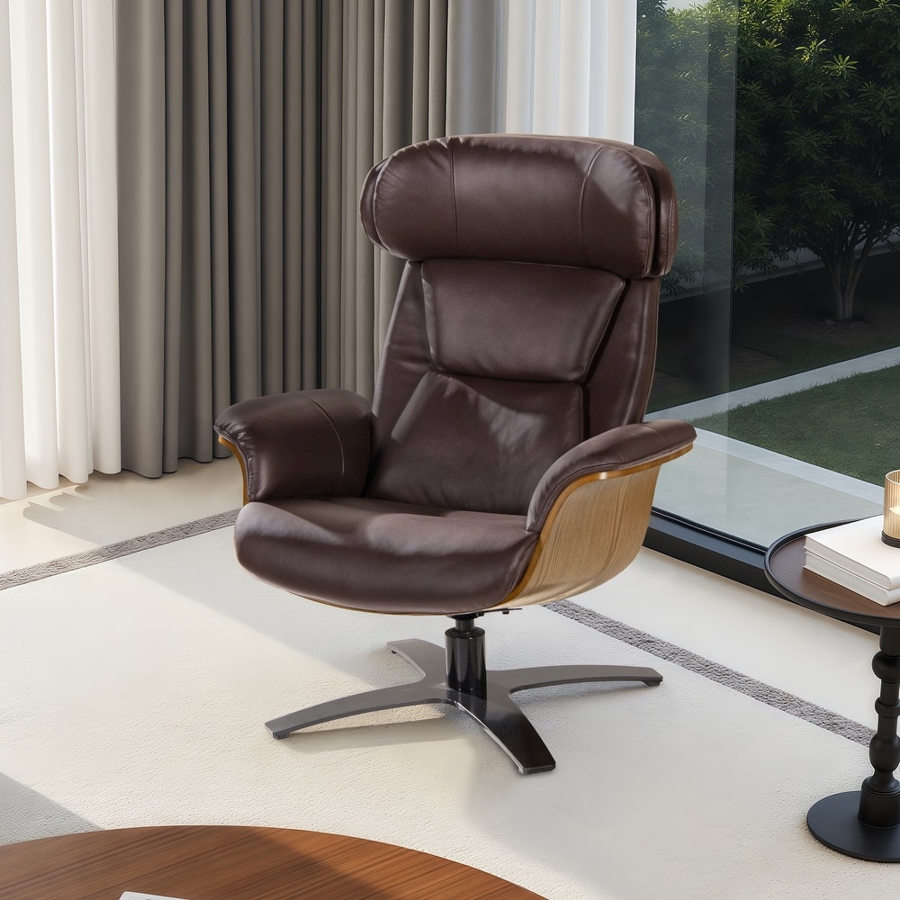 Jovan 31.5" Curved Wood Genuine Leather Recliner Lounge Chair