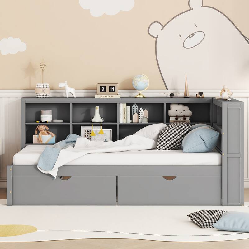 Wood Twin/Full Size DayBed with 2 Drawers, Storage Shelf and USB Charging Ports - Grey - Twin