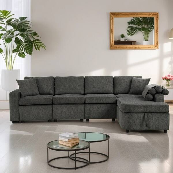 98" Sectional Sofa With Chaise & Ottoman - L-Shaped, Linen, Cup Holders, Modular Design For Living Room