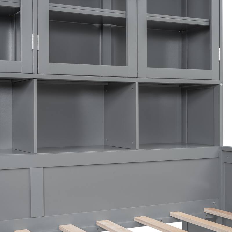 Twin Size Wooden Daybed with Glass-Door Storage, LED Lighting, and Shelves, Gray