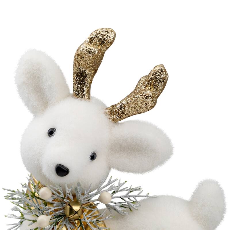 Glittered Standing Deer with Jingle Bell Christmas Figure - 12.25" - White and Gold