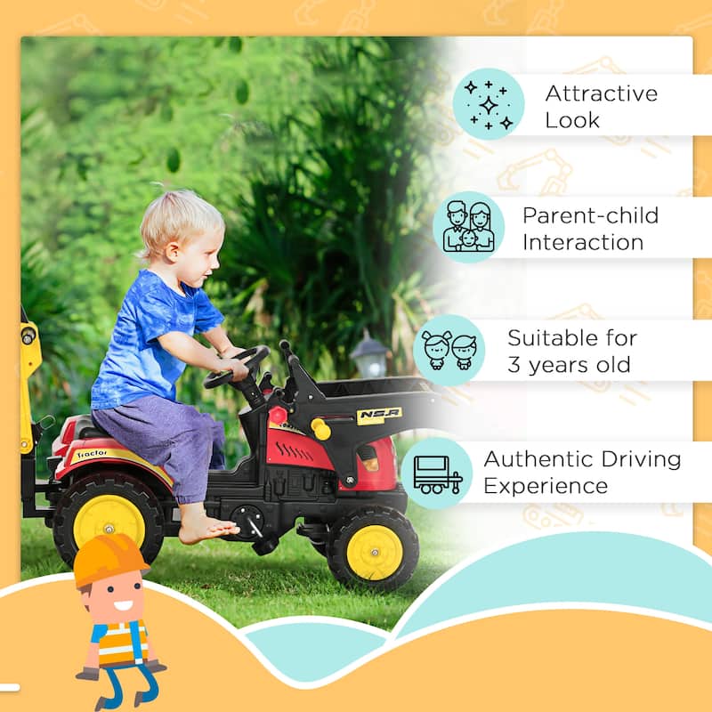 Pedal Car Digger Toy Move Forward/Back with 6 Wheels and Detachable Cargo Trailer