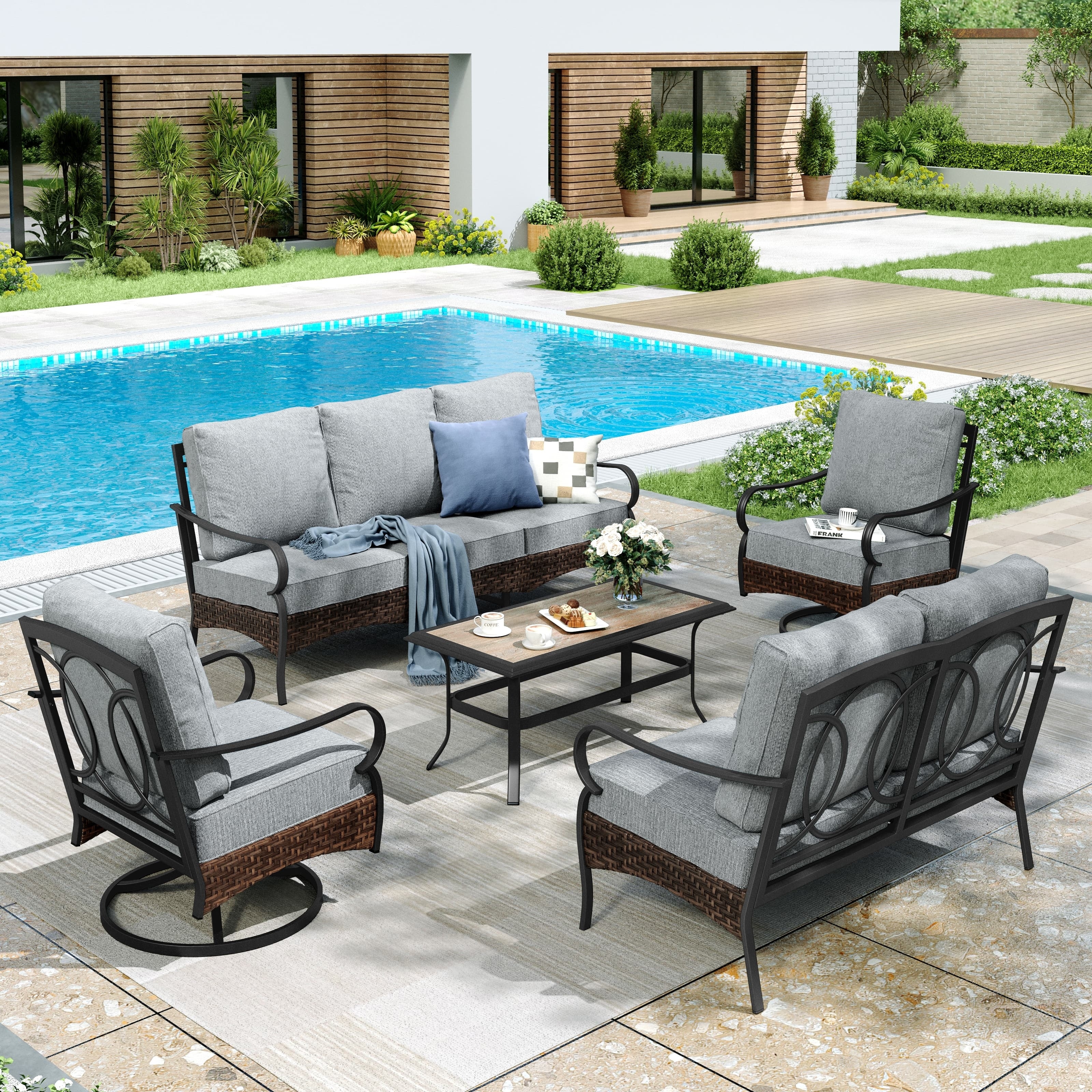 MAISON ARTS 7 Seat Outdoor Patio Furniture Set, Wicker & Metal Conversation Set with Swivel Chairs & Coffee Table