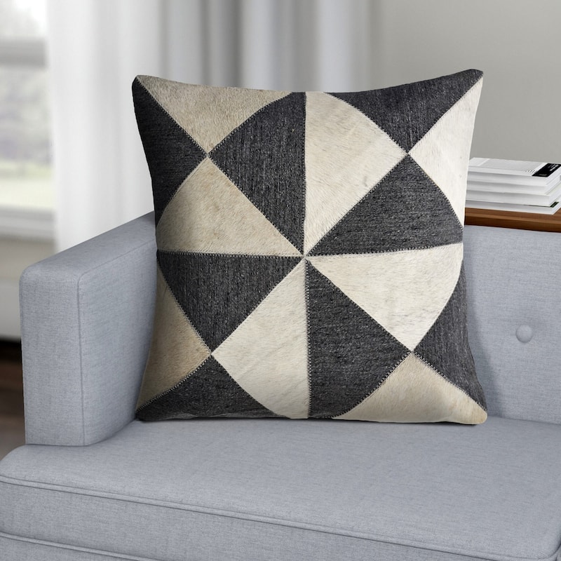 Sevita Charcoal and White Geometric Faux Leather Throw Pillow
