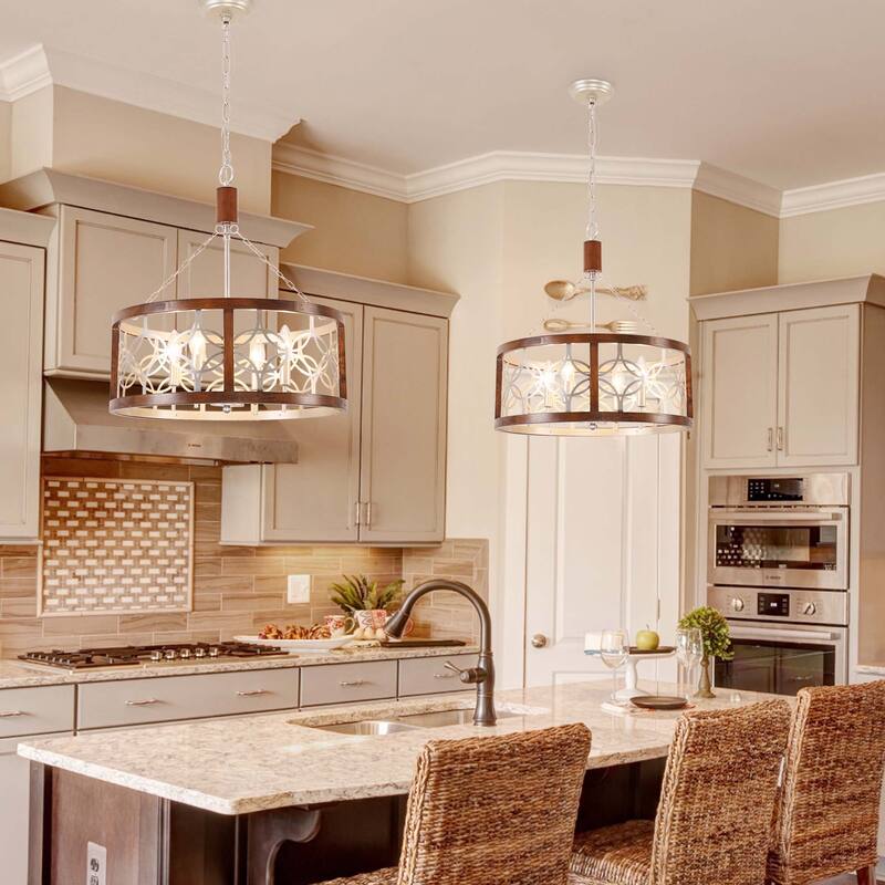 Oaks Aura Rustic Farmhouse 4-Light Wood Ceiling Light Drum Shabby Chic Wood Chandelier