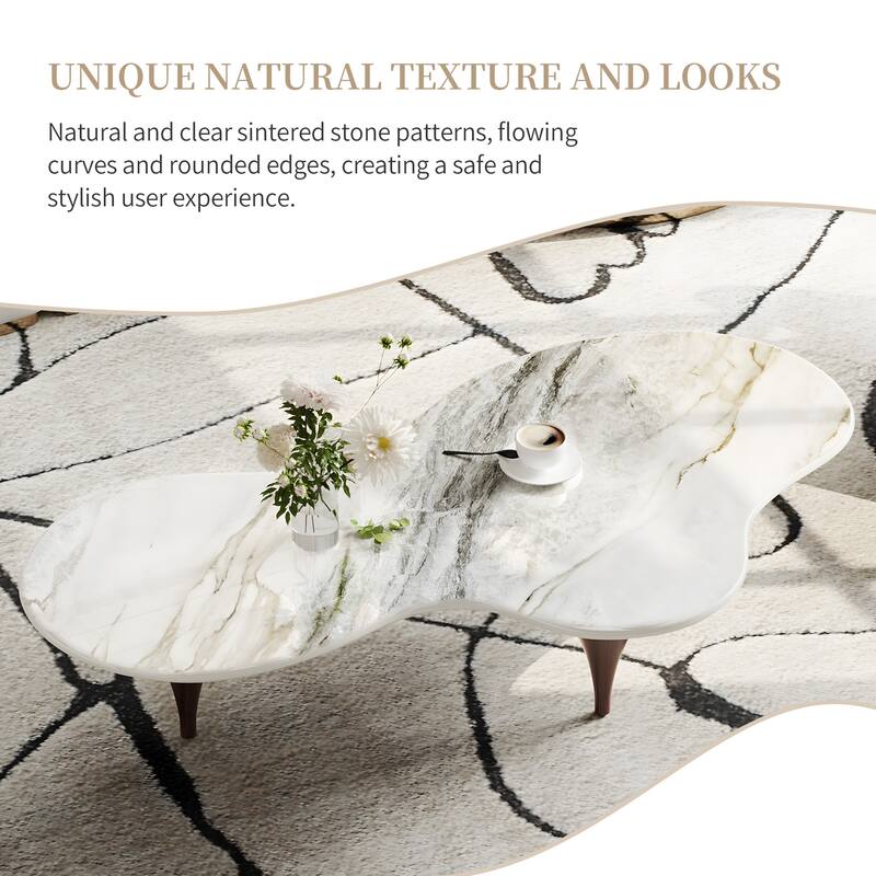 54.8" Modern Coffee Table, Glossy Faux Marble top, Metal Legs with wood texture