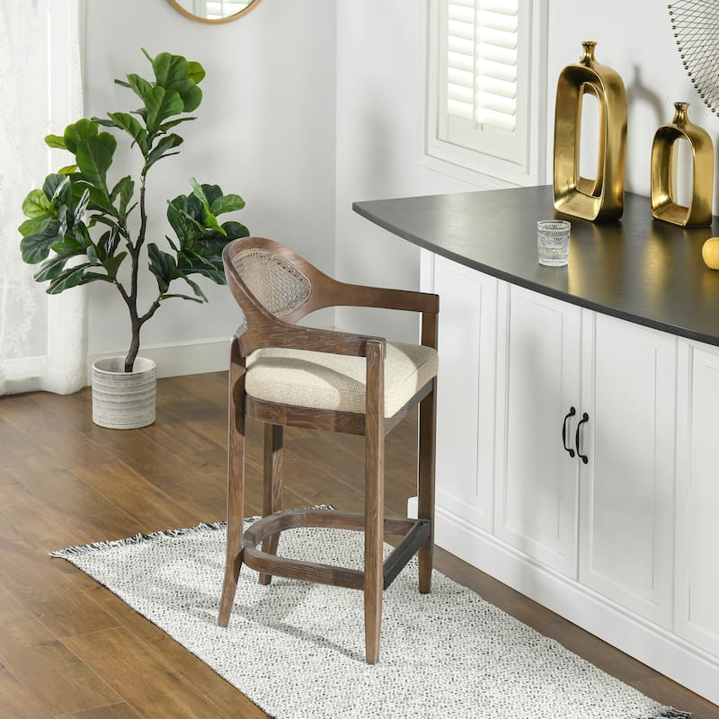 Americana Mid-Century Modern Rattan Cane Back Counter and Bar Stool - Single - Taupe Beige Textured Weave - Counter Height