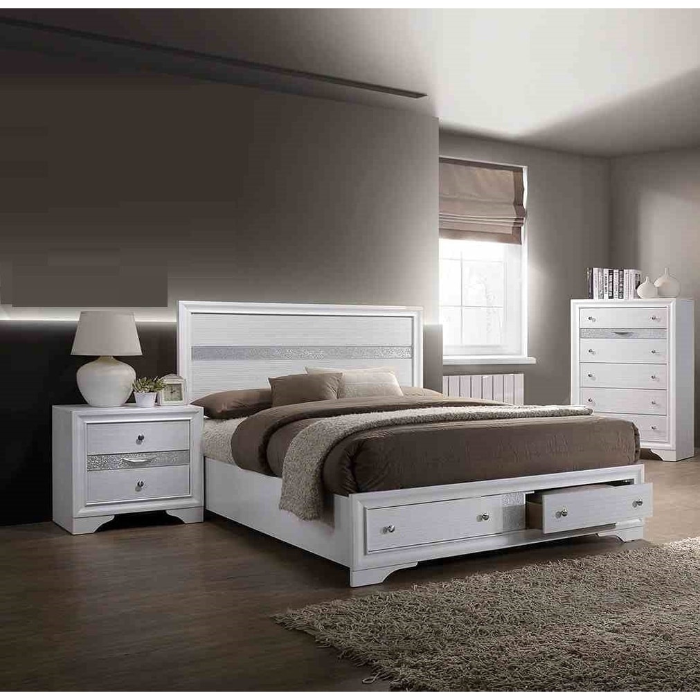 Contemporary 3pc Drawers Bed Nightstand Chest Bedroom Set White