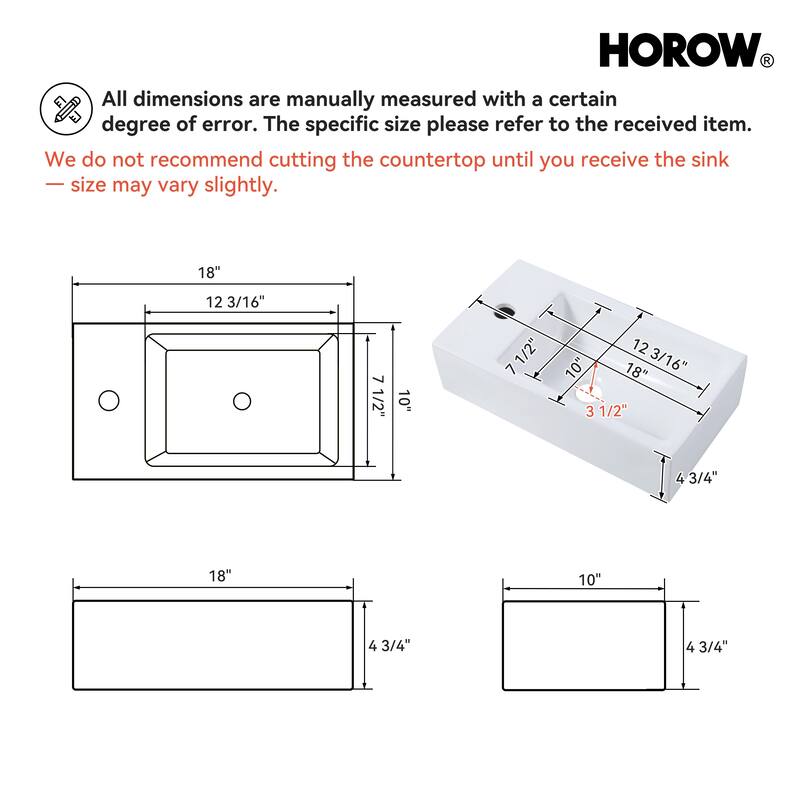 HOROW Left Hand White Ceramic Wall-Mounted Rectangle Vessel Sink Porcelain