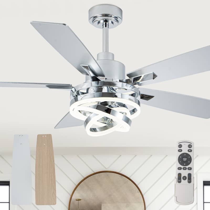 Cusp Barn 52"/72" Modern Large Dimmable LED Ceiling Fan with Lights and Remote, Reversible 8-Blade DC Motor DIY Shape Chandelier - 52-Inch - Chrome