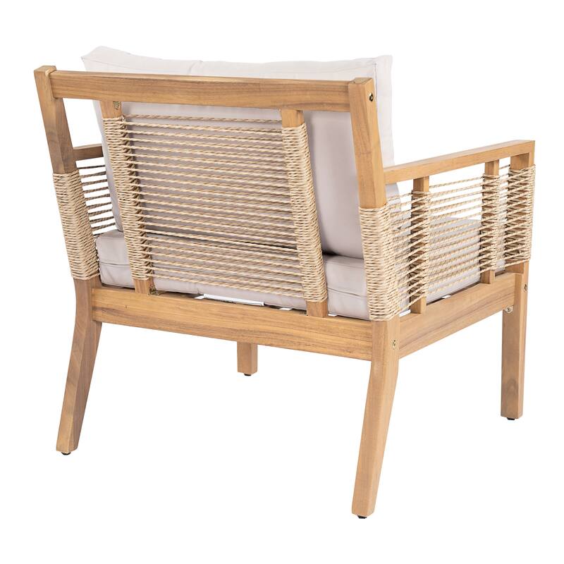 Roomfitters Set of 2 Patio Club Chairs, Outdoor Wood Lounge Chair with Upholstered Cushions, Rope Weave, Teak+ Beige