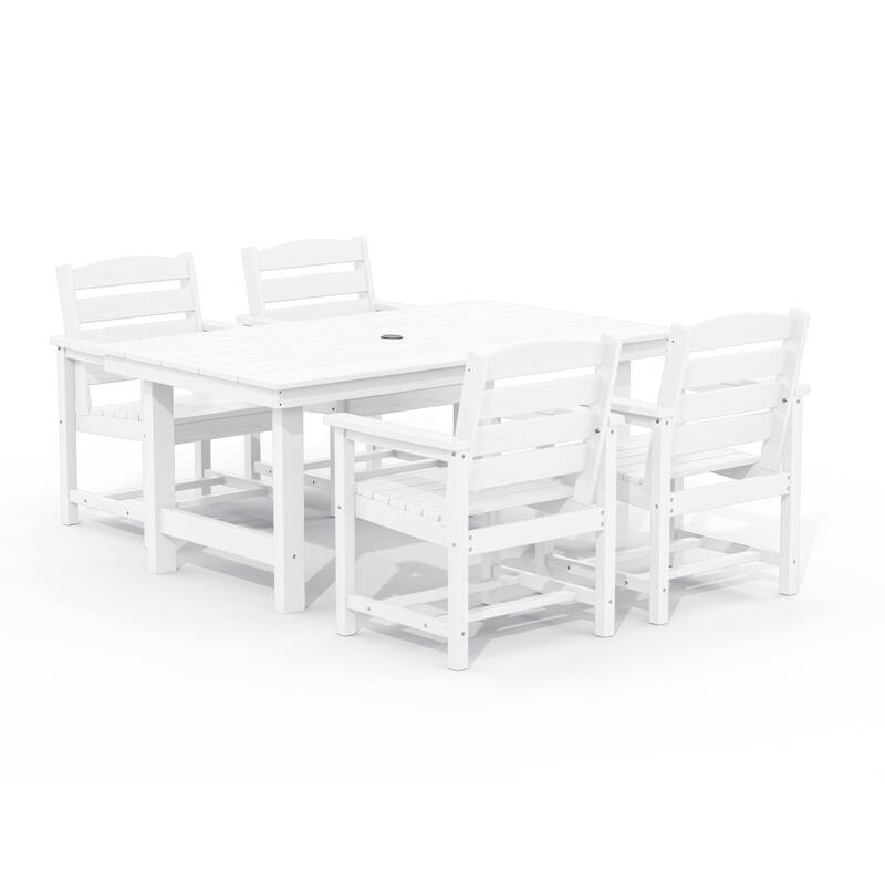 5-Piece HDPE Outdoor Dining Table Sets with Umbrella Hole - 1-Table 4-Chairs - White