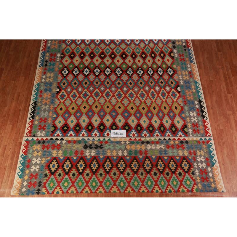 Geometric Multi-Color Kilim Oriental Large Rug Flatweave Wool Carpet - 10'0"x 16'1"