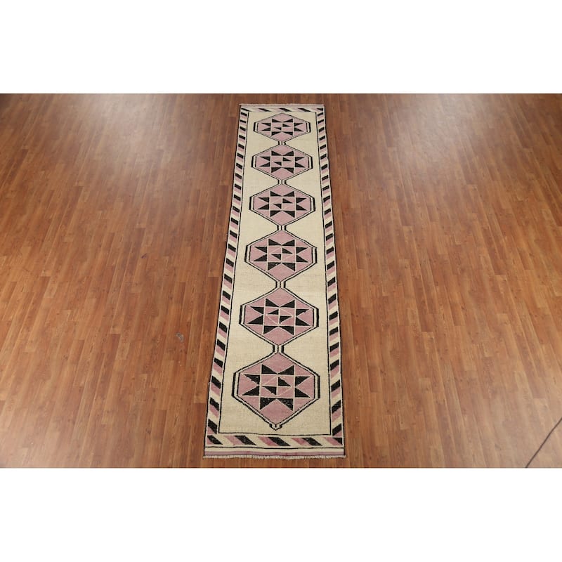 Geometric Anatolian Vintage Runner Rug Foyer Handmade Wool Carpet - 2'11"x 11'7"