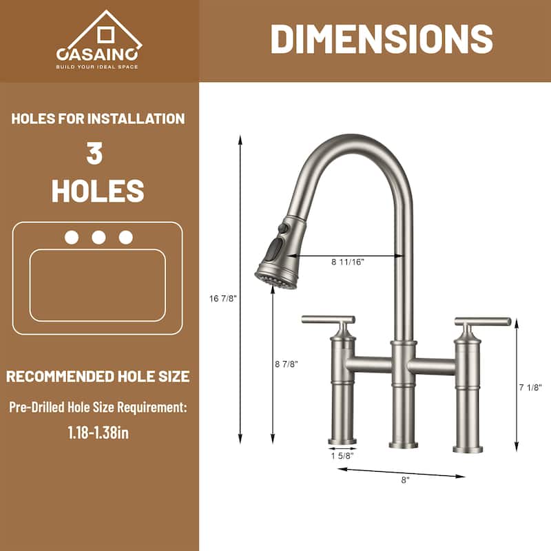 Double Handle Bridge Pull-Down Sprayhead Kitchen Faucet