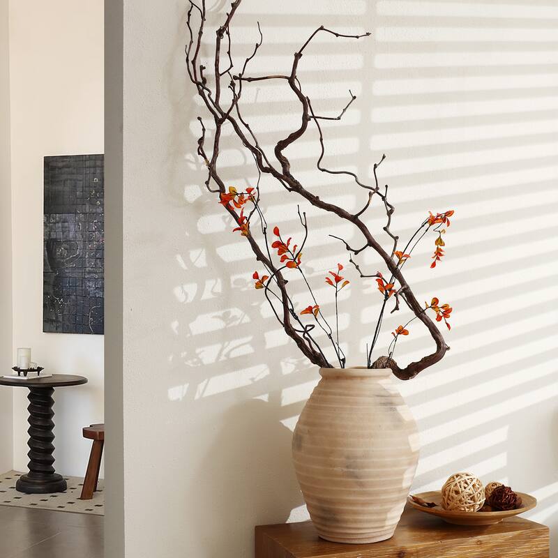 Rustic Terracotta Vase with Ribbed Texture, 15'' Tall Brown Accent for Shelves & Tabletops