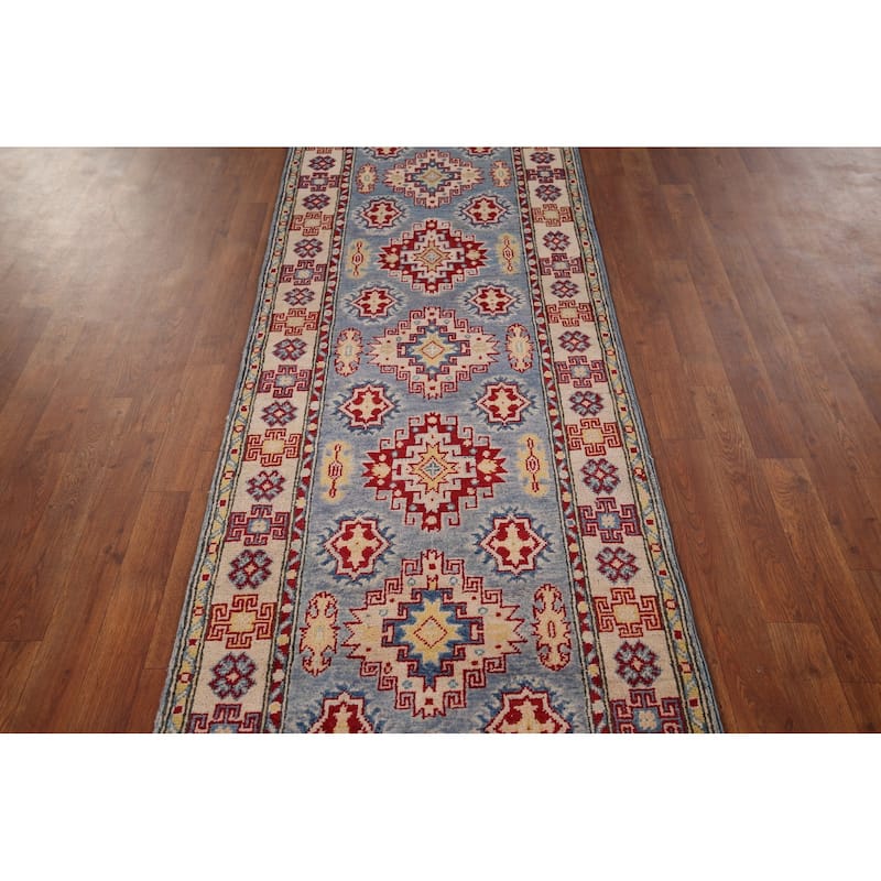 Blue Geometric Kazak Runner Rug Hand-Knotted Wool Carpet - 2'9" x 15'11"