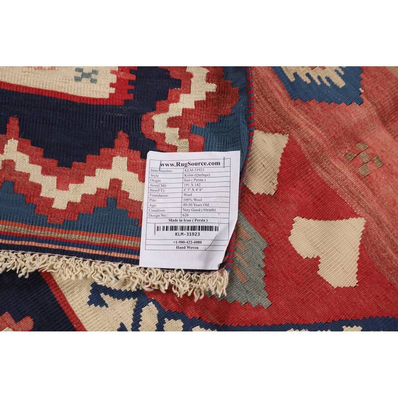 Tribal Kilim Qashqai Persian Vintage Rug Hand-Woven Wool Carpet - 4'8"x 6'3"