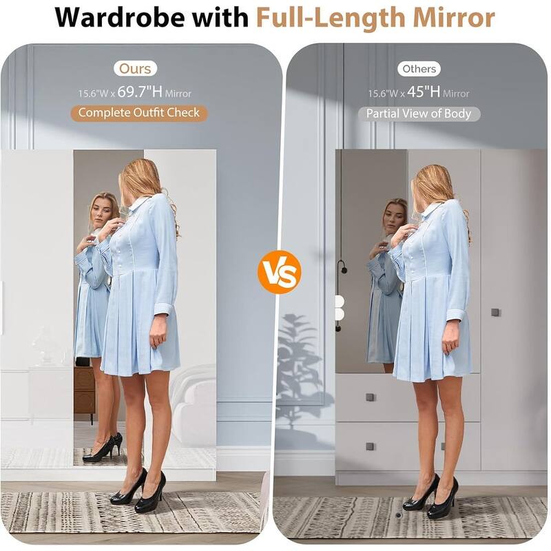 Armoire 4 Doors 2 Drawers with Full-length Mirror Door with High Gloss Paint