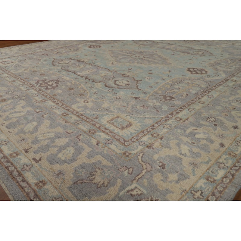 Hand Knotted Oriental 100% Wool Carpet Transitional Floral Navy Blue & Blues Oushak Area Rug - 9' 5'' X 8' 3''