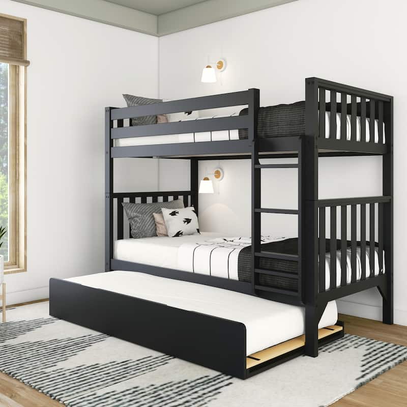 Scandinavian Twin Over Twin Bunk Bed With Twin-Size Trundle - Black