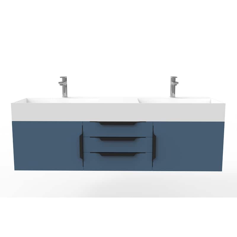 Amazon 60" Wall Mounted Bathroom Vanity Set w/ White Top - Blue - Matte