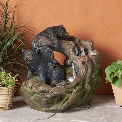 22.0" High Datona Fountain Outdoor Weather Resistant Floor Fountain With Light, Light Brown + Black