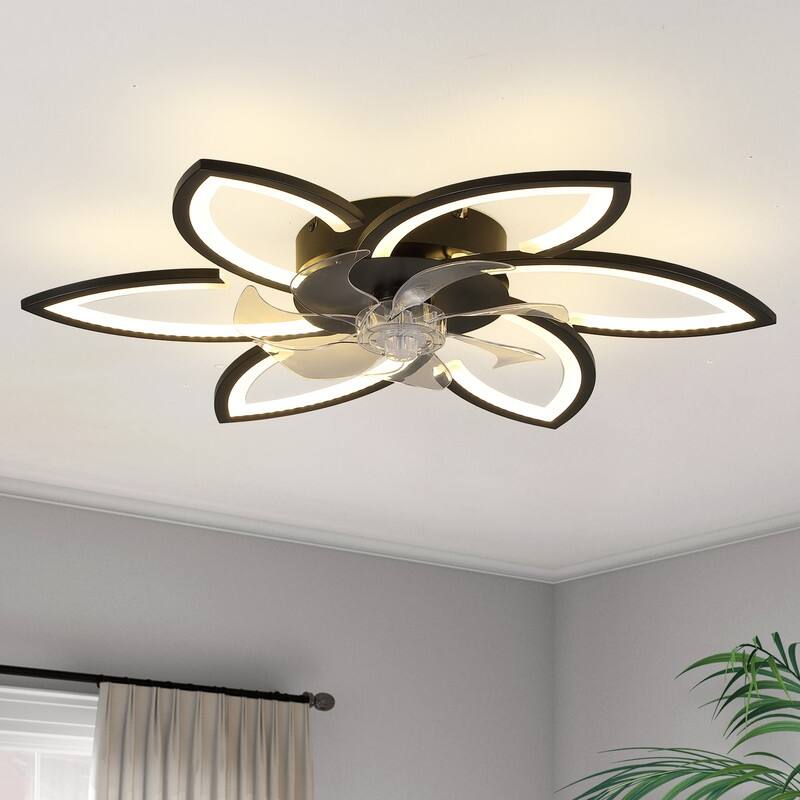 Dimmable 7 Blade Modern Ceiling Fan with Lights and Remote, 6 Speed Reversible Blades with Timing - Black - Black 6-Petal