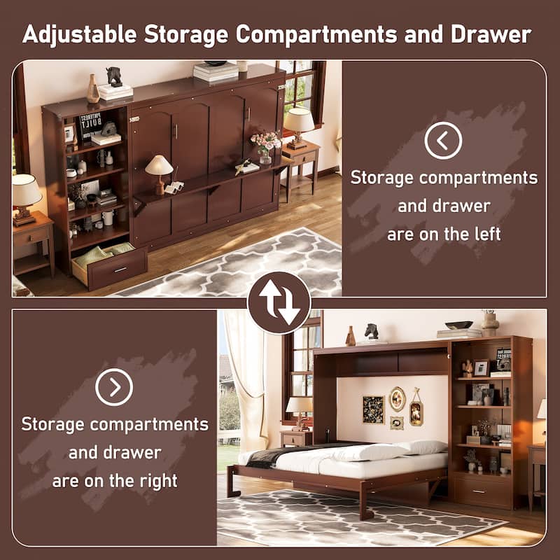 Queen Size Murphy Bed with Storage Compartments and Shelf