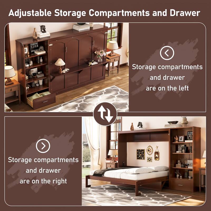 Wooden Murphy Bed Queen Size, Storage Murphy Cabinet Bed with Shelves, Drawers and Desk, No Box Spring Needed