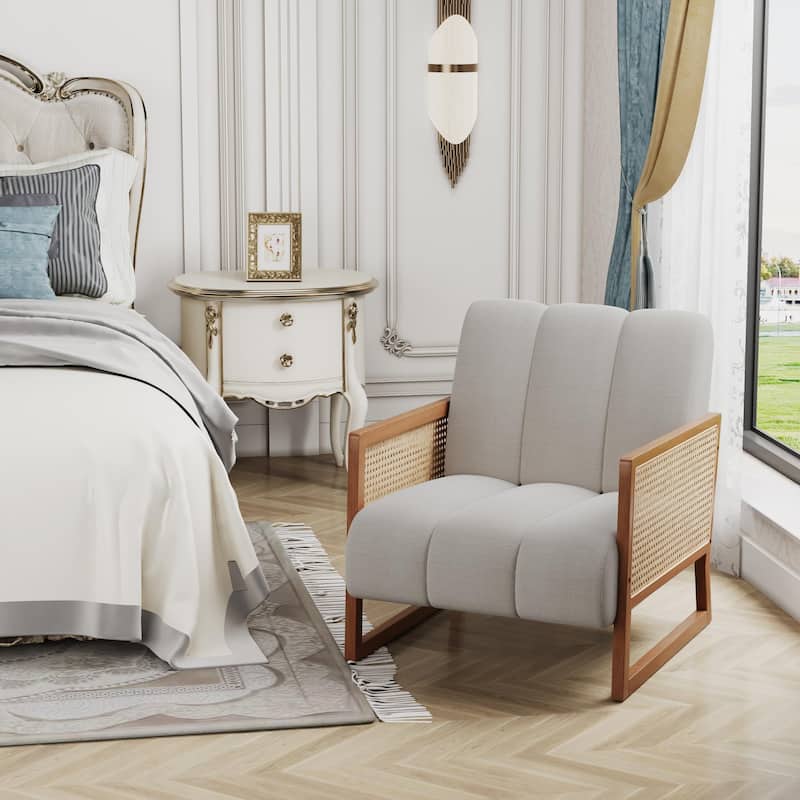 Rattan Accent Chairs, Upholstered Natural Rattan Chair Mid Century Modern Linen Armchair Side Chairs for Living Room Bedroom