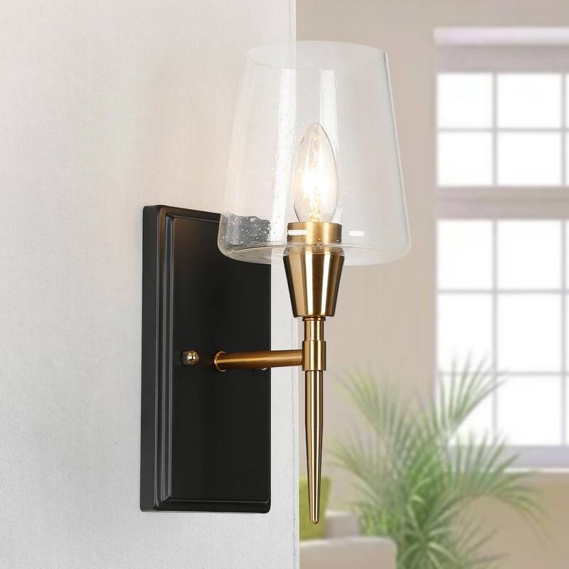 Kahlil Modern Black Gold 1-Light Seeded Glass Wall Sconces Bathroom Vanity Lights - 1-Light