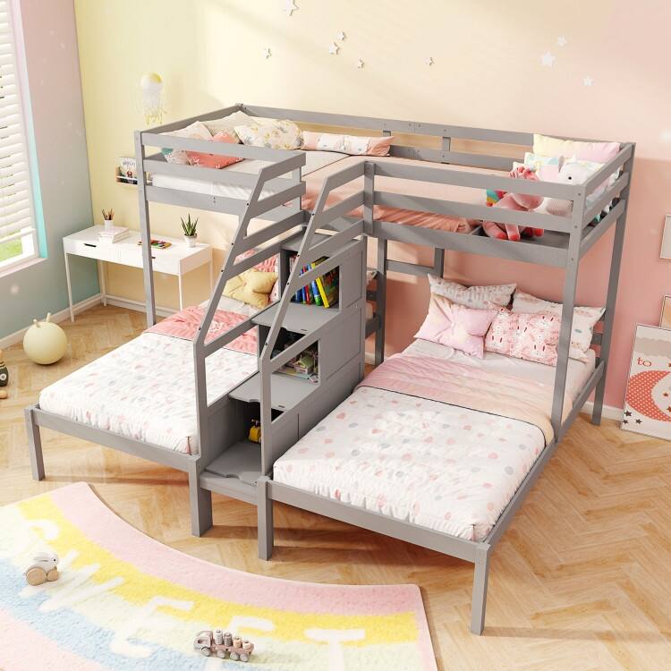 Bunk Bed for 3 Kids, Twin Over Twin with Storage Staircase and Safety Guardrails