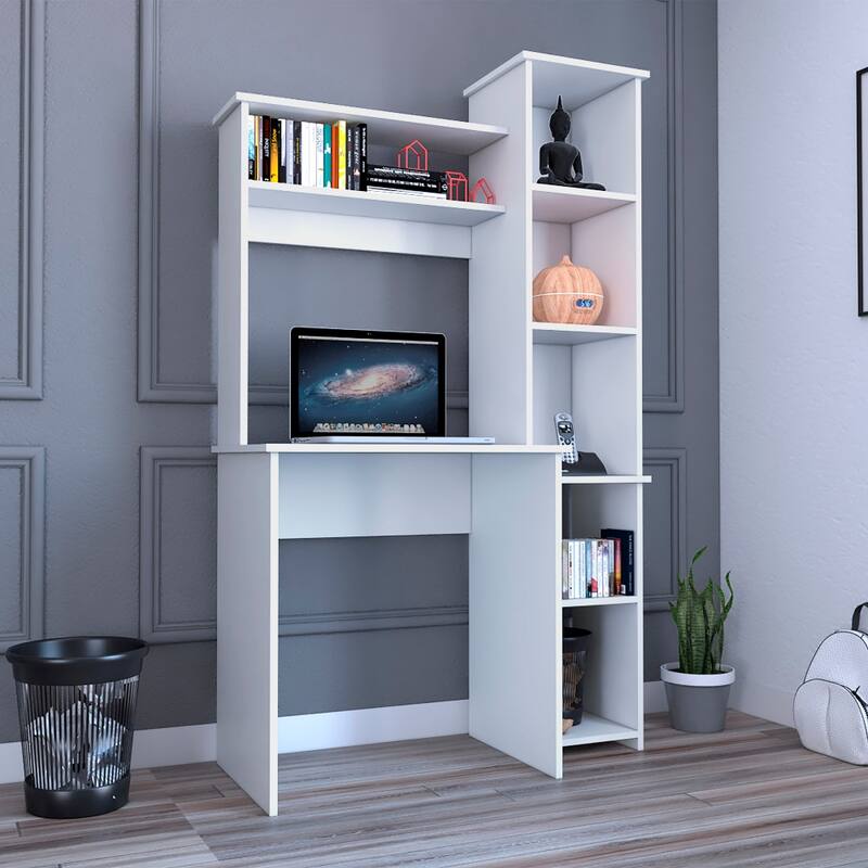 Modern Computer Desk with 5 Cubbies Hutch - White