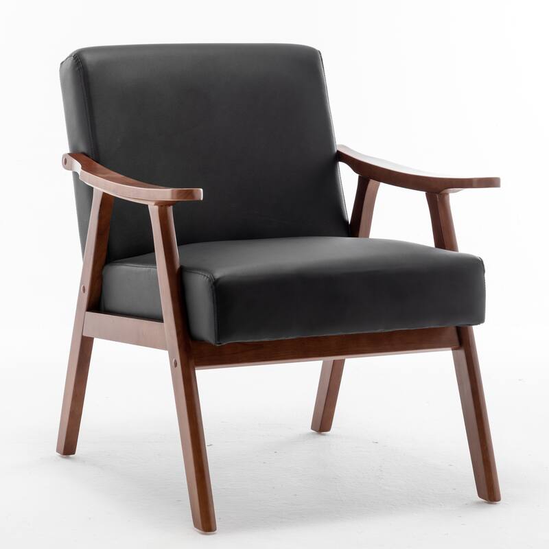 Mid-Century Modern Chair, Living Room Chair with Solid Wood Frame, Accent Chair Extra-Thick Backrest, Wingback Chair - Black PU