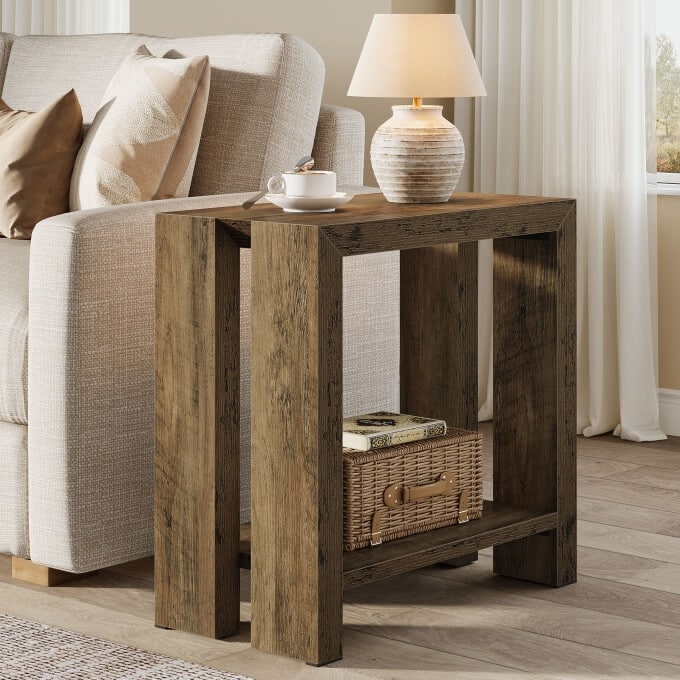 23.62'' Wooden End Table, Rustic Bed Side Table, 2-Tier Nightstand - 1PC