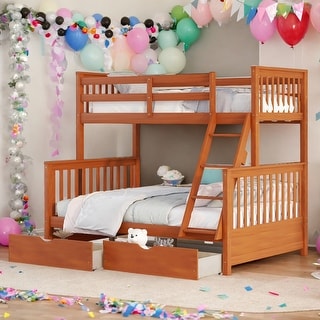 Modren Twin Over Full Functional Bunk Bed With Ladders and Two Storage Drawers