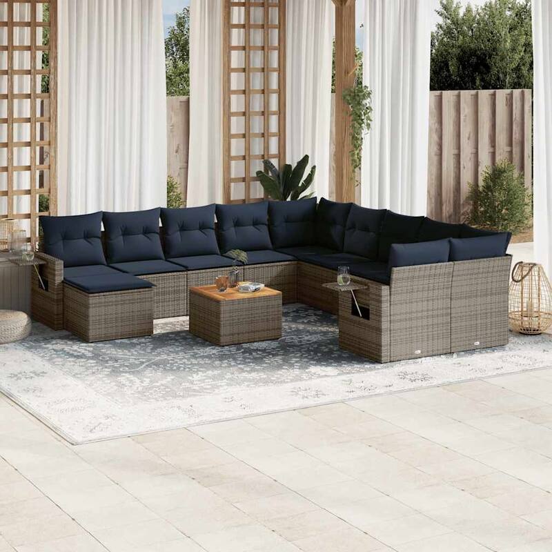 vidaXL 12 Piece Patio Sofa Set with Cushions Black Poly Rattan - 24.4" x 24.4" x 27.2" - Grey and blue