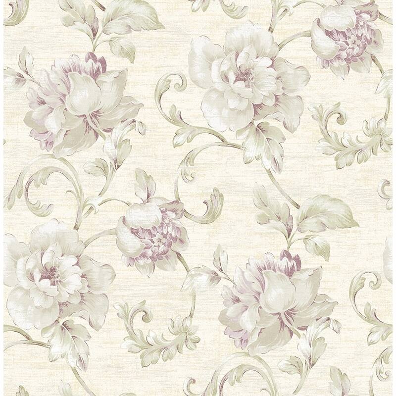 Seabrook Design Rhea Floral Scroll Unpasted Wallpaper - 20.5 in W x 33 ft. L - Metallic Eggshell & Lavender