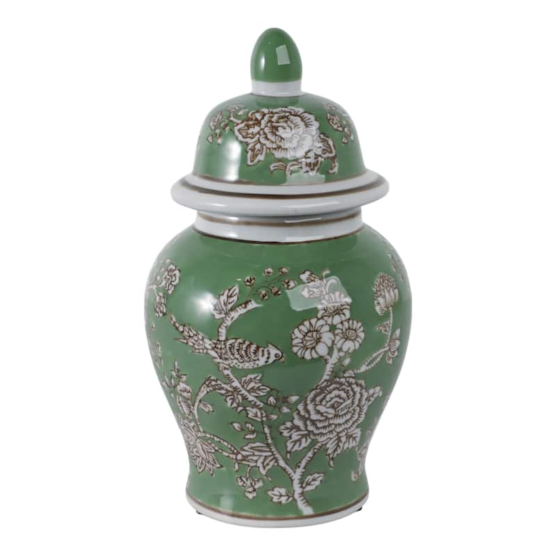 Ceramic Decorative Temple Jar Bird Flower with Lid for Home Decor