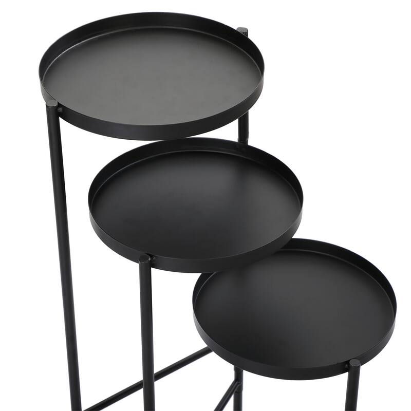 3 Tier Foldable Metal Plant Stand with Trays, Plant Holder Shelf Black