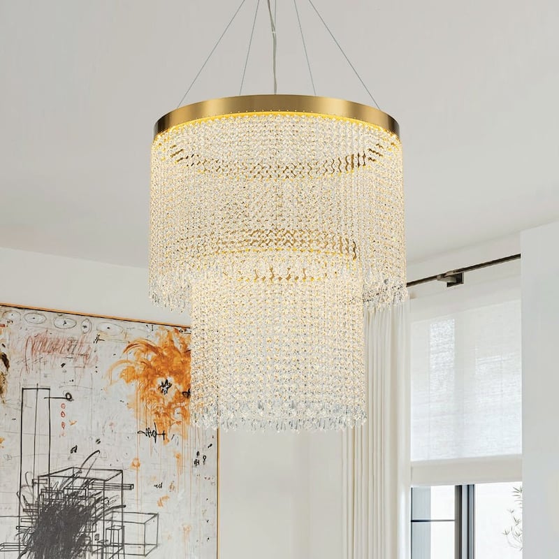 Luxury Faceted Crystal Dimmable LED Tiered Chandelier - Brass