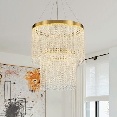 Luxury Faceted Crystal Dimmable LED Tiered Chandelier - Brass
