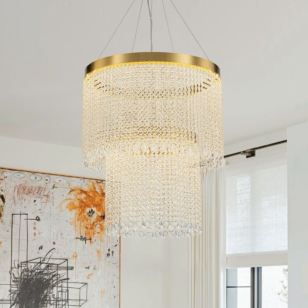 Luxury Faceted Crystal Dimmable LED Tiered Chandelier - Brass