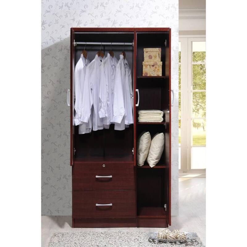 Hodedah Import 3 Door Armoire with Clothing Rod, Shelves, and 2 Drawers, Black - 187