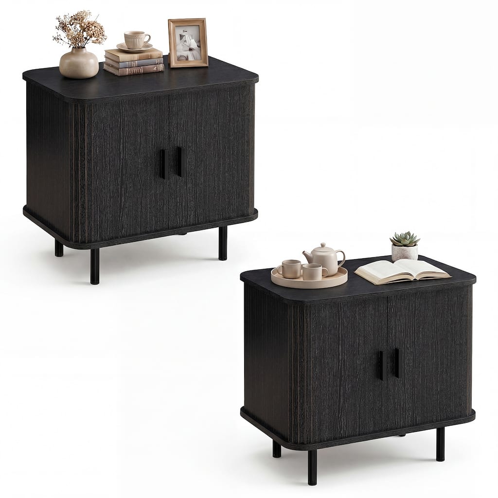 Gymax 2PCS End Table Mid Century Nightstand w/Sliding Tambour Doors &