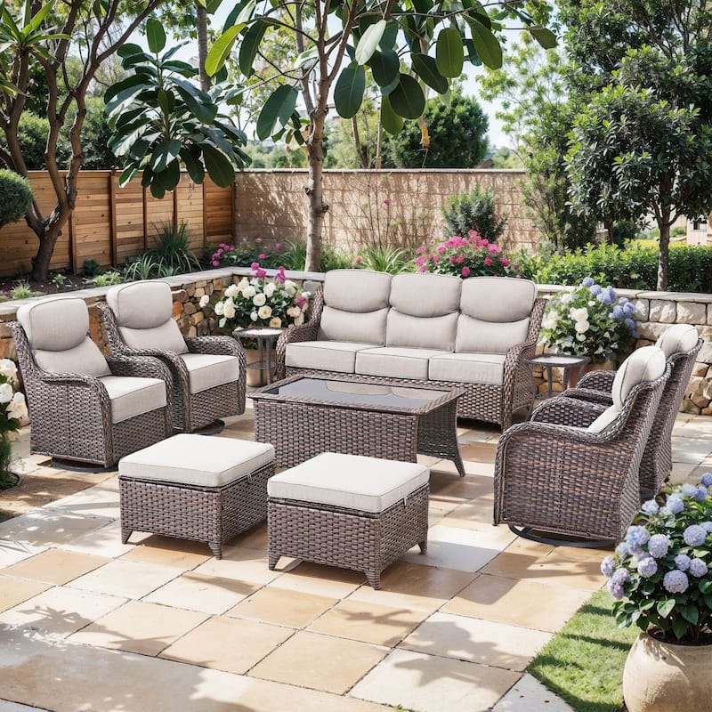 Pocassy Outdoor Patio Furniture Sofa Swivel Chairs Sets - Brown Wicker Beige Cushion - Sofa Swivel Chair with Ottoman Set of 10