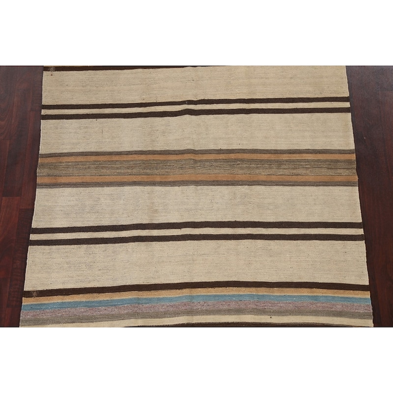 Natural Dye Striped Kilim Contemporary Wool Area Rug Flat-weave Carpet - 5'0" x 6'6"