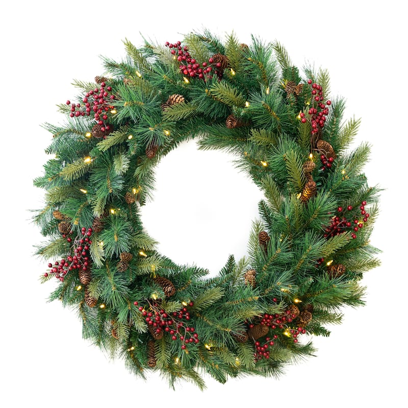 Traditional Woodland Berry Wreath B/O LED Lights (24", 30", 36") - 36" LED T5 Mini Lights