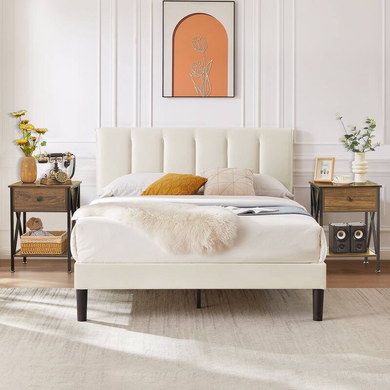 VECELO 3-Pieces Tufted Upholstered Beige Platform Bed Frame with Adjustable Height Headboard and Nightstands Set of 2 - Brown - Full